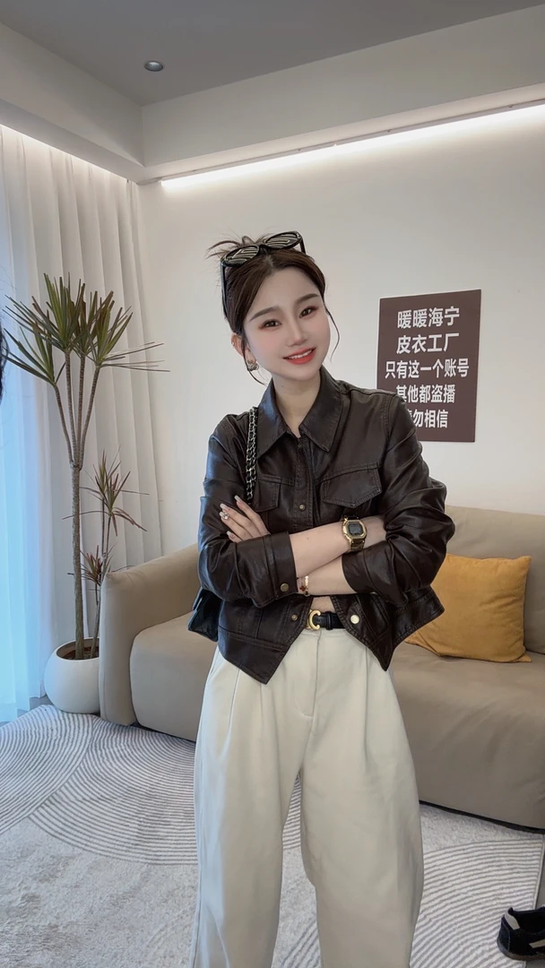 定制款荔枝纹翻领皮衣女2025春季新款休闲皮衣外套女机车服