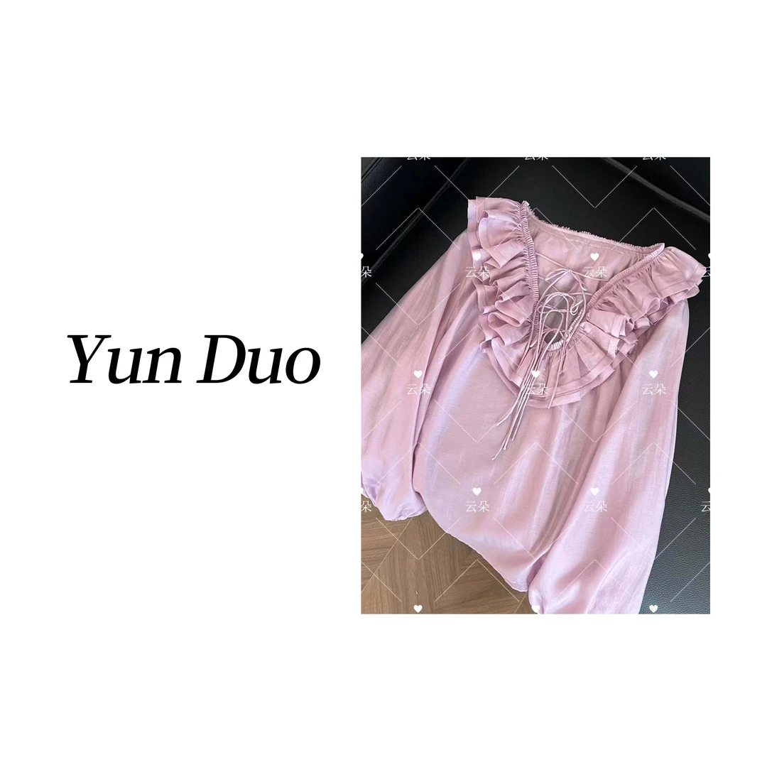 云朵定制【丁香】法式荷叶边V领蝴蝶结衬衫LB14