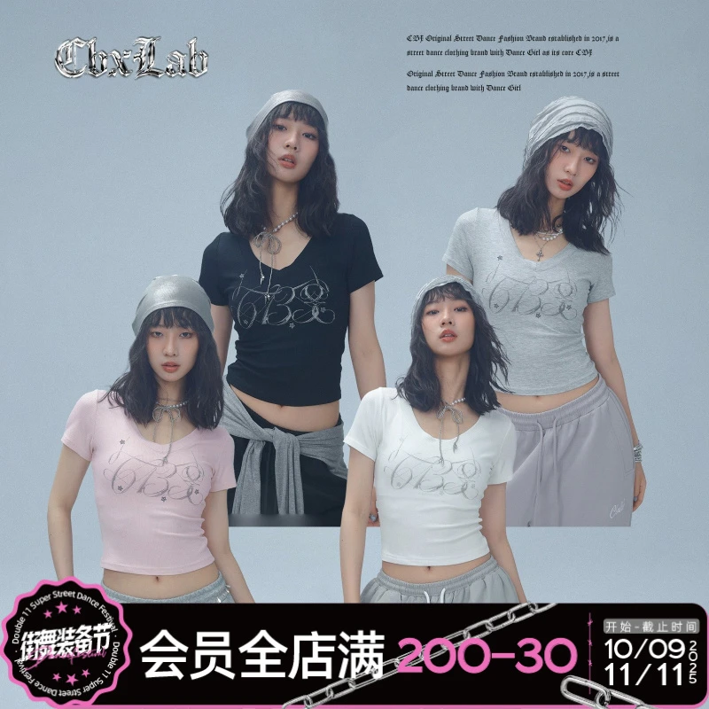 【达人专属】CBXLAB街舞潮牌闪钻线条基础上衣辣妹夏季修身百搭