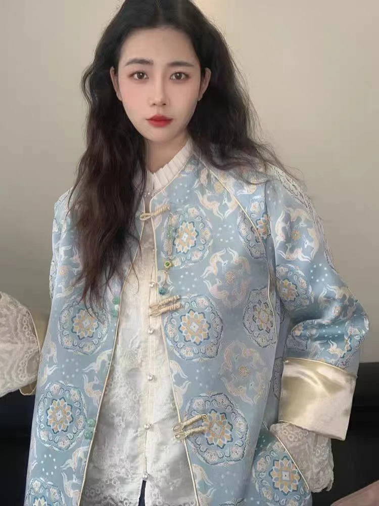 新中式圆领长袖国风上衣S织锦提花盘扣直襟气质复古外套网红古风