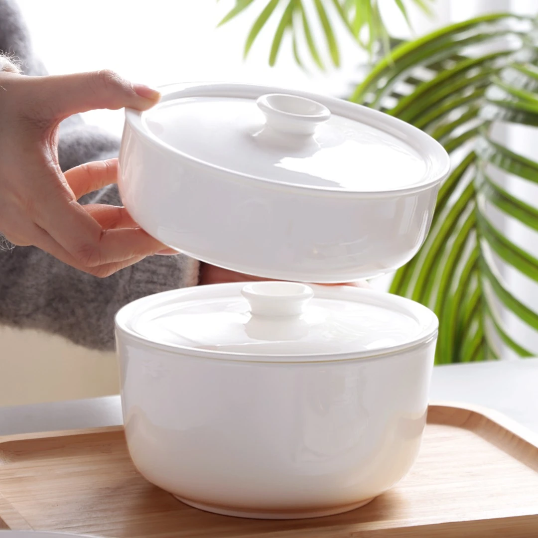 白色骨瓷陶瓷碗带盖家用微波炉碗面碗深碗碗手提盖碗盘如意盖碗盘