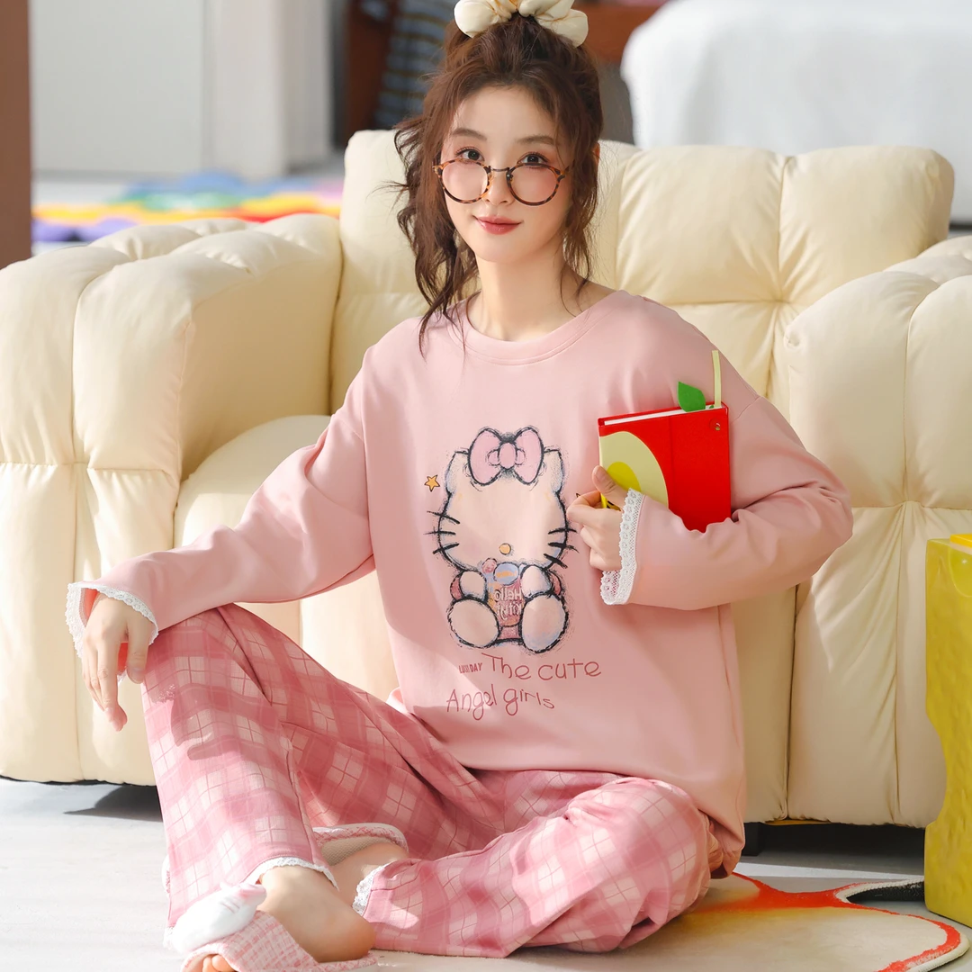 卡之恋睡衣女春秋季新款长袖纯棉减龄粉色Kitty猫家居服