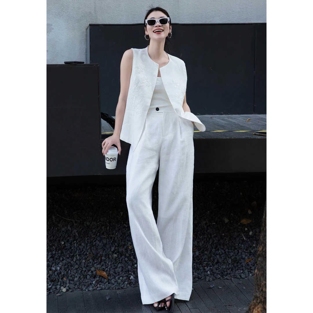 ZEROYK老钱风亚麻套装女2025夏季重工刺绣马甲上衣长裤休闲两件套