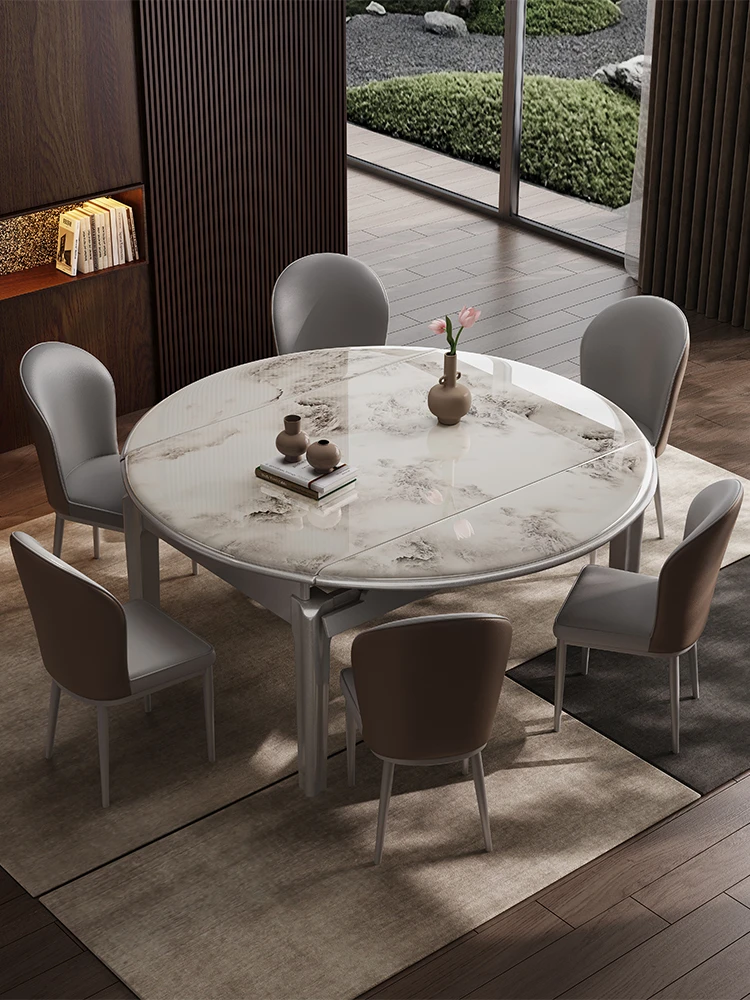 意式方圆两用餐桌轻奢餐桌家用折叠餐桌可伸缩微晶石桌子