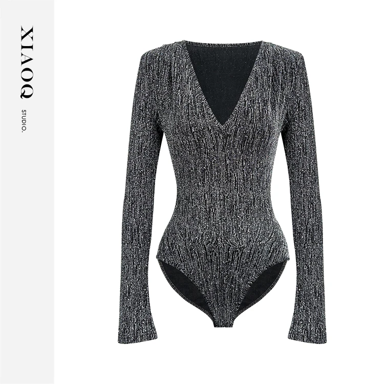 【小Q家】45660时尚V领细闪弹力连体衣T