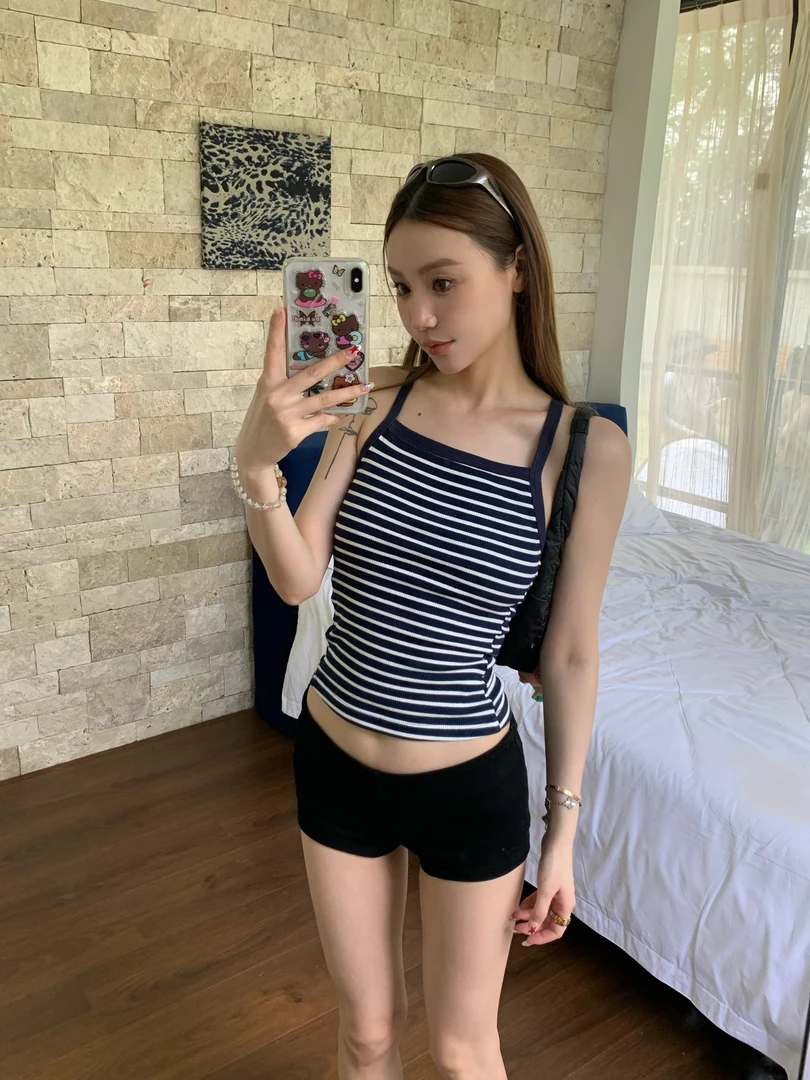 番茄妹妹Tomatosisiter针织撞色条纹工字吊带背心女新款修身上衣