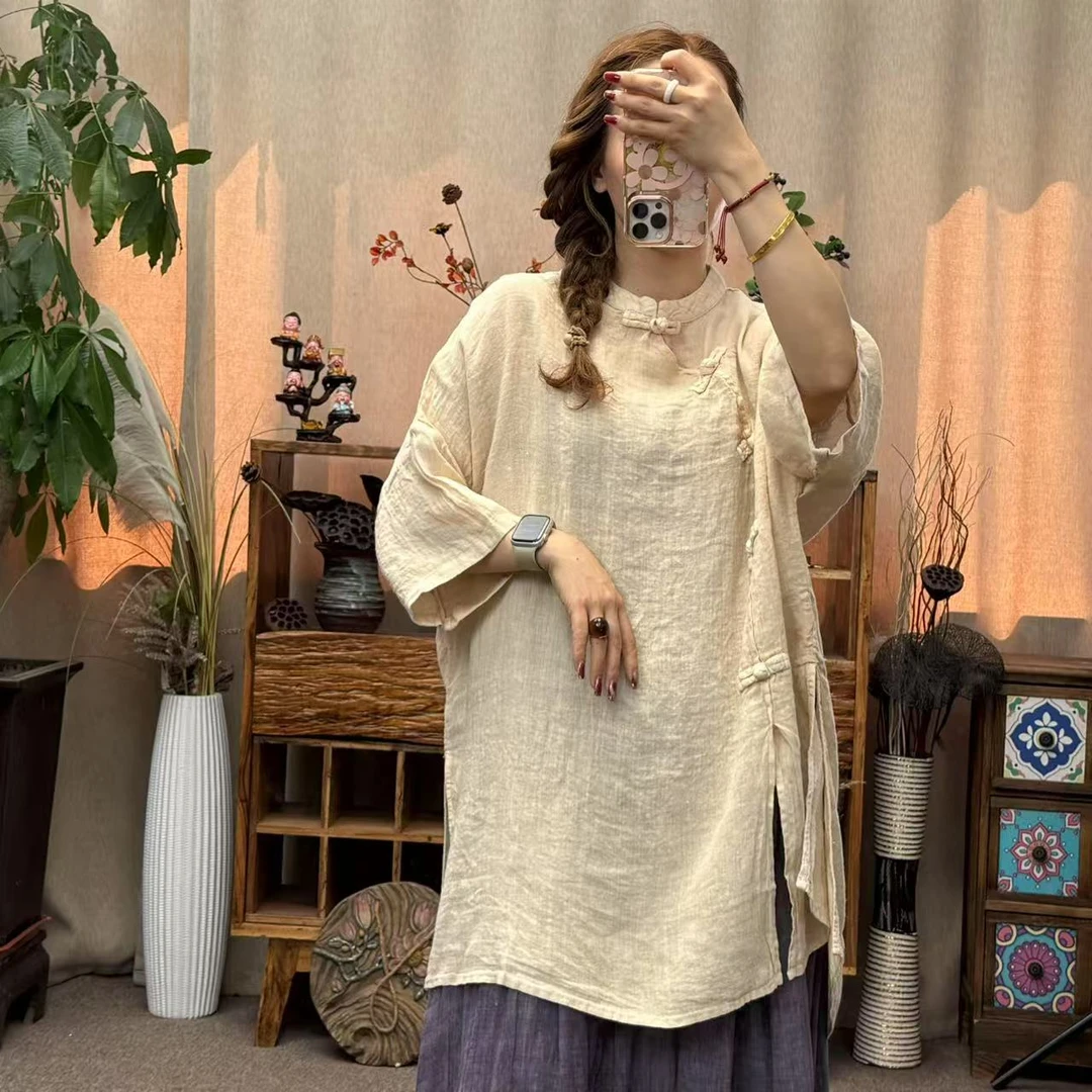 花璟与麻原创设计复古做旧斜襟盘扣上衣（衣长80-86胸围130）