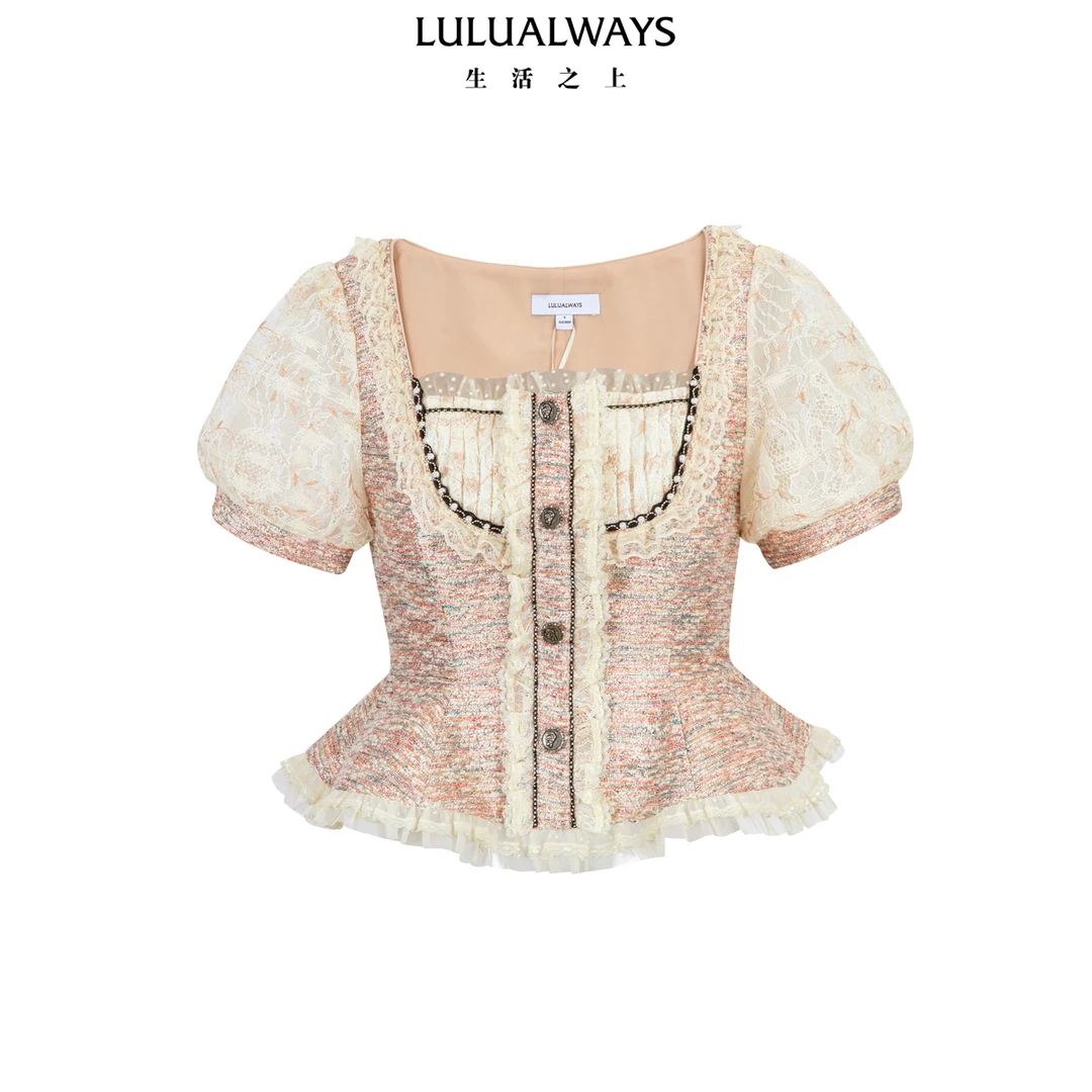 LULUALWAYS【商场同款】25夏季新款粗花呢蕾丝拼接方领泡泡袖衬衫