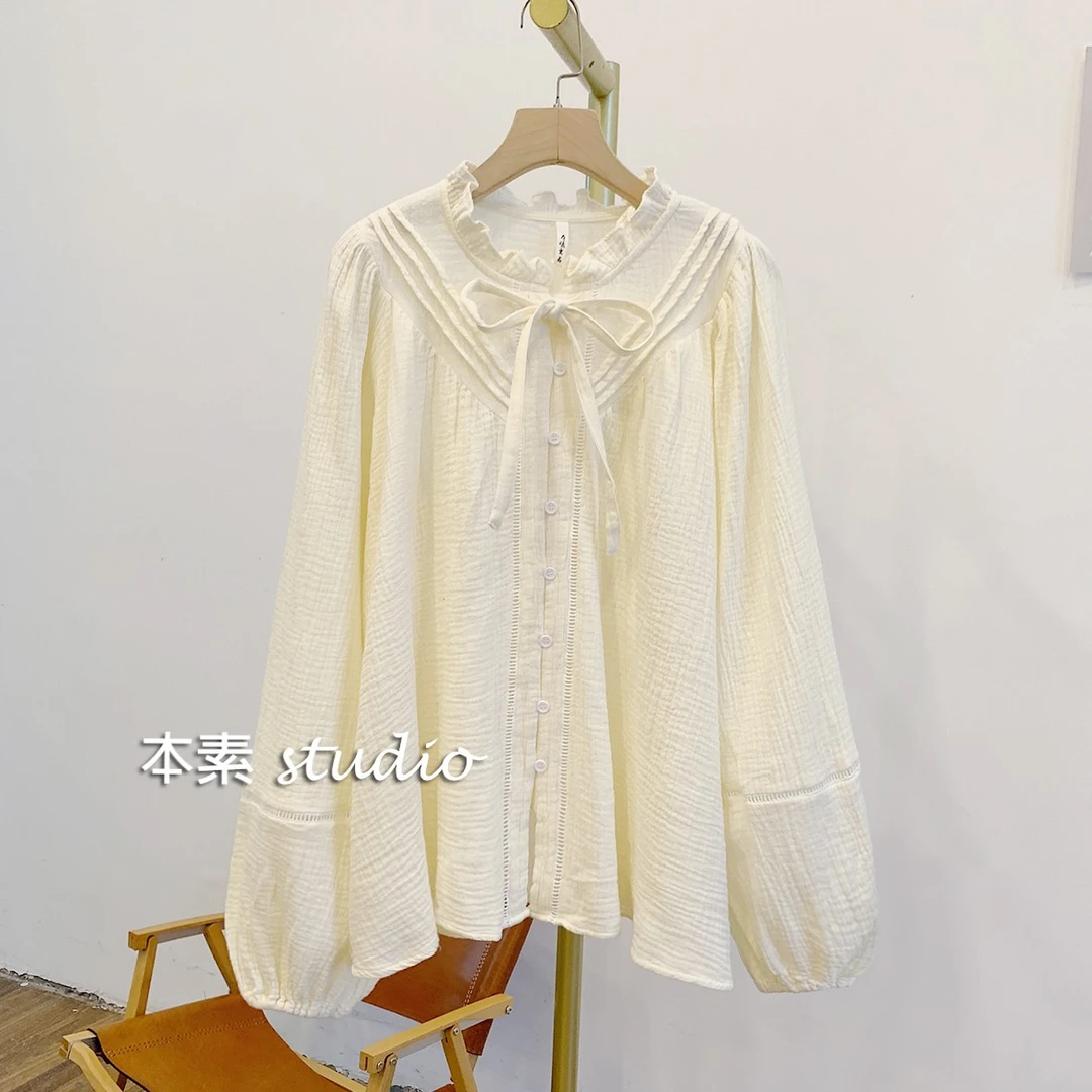 济州岛C3759风琴褶蕾丝拼接全开扣系带木耳边立领衬衫