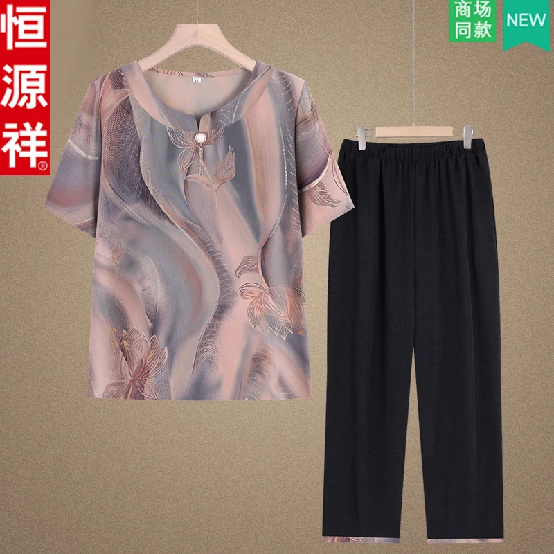 恒源祥中老年妈妈装夏季短袖衫洋气雪纺衬衫显瘦新款复古国风女装
