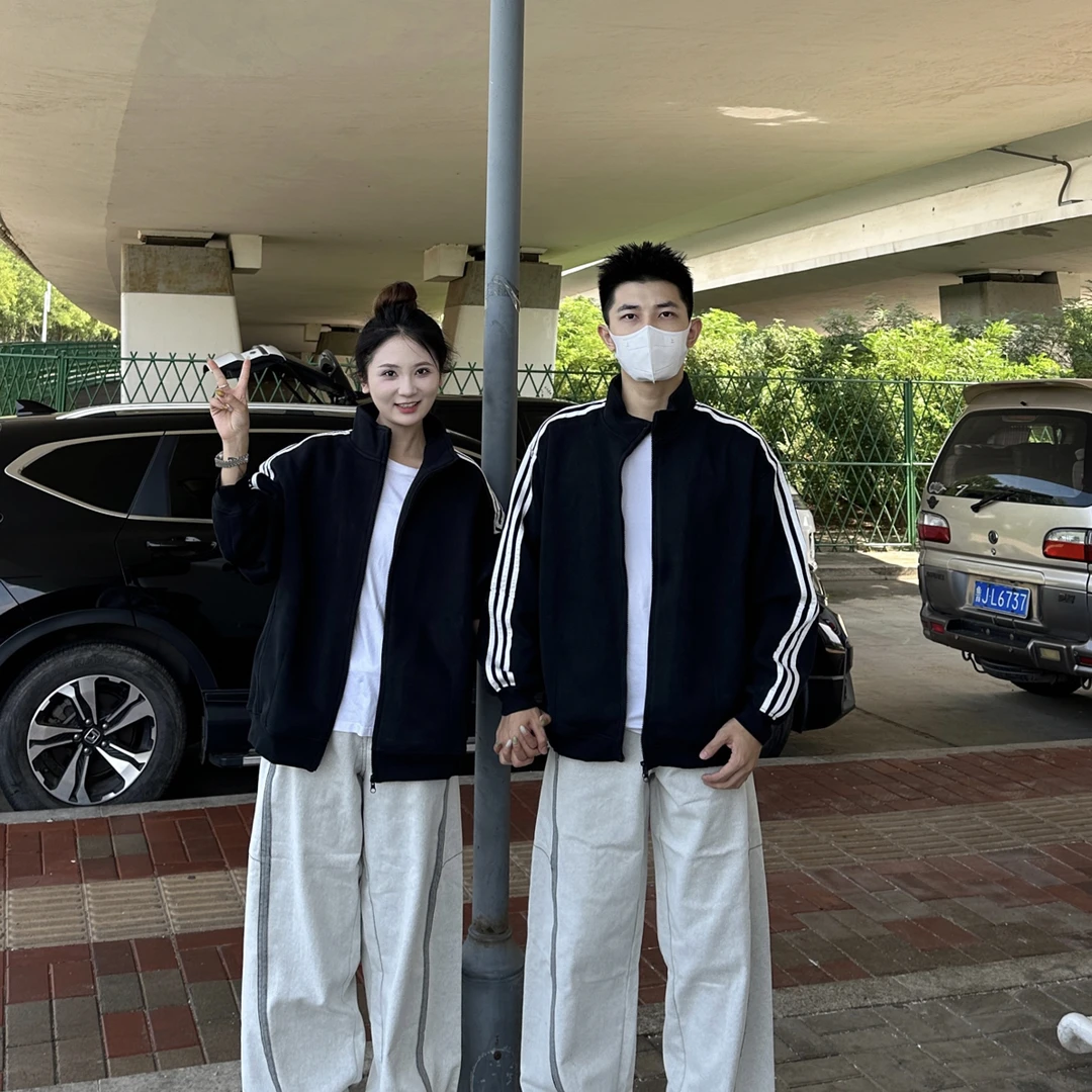 3KU夫妇秋季三杠拼接立领夹克外套休闲百搭男女情侣简约上衣5594