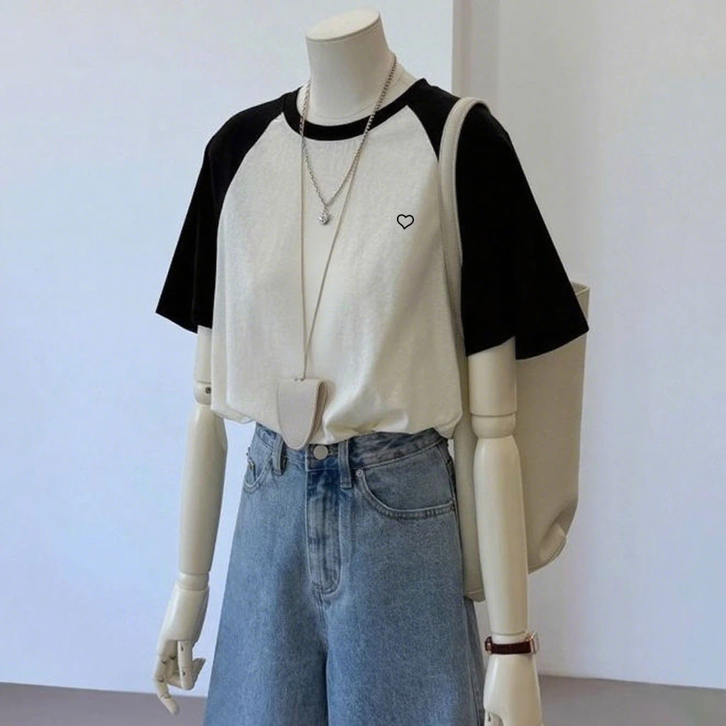 2025夏季新款撞色雪花棉设计小爱心印花休闲百搭短袖t恤女上