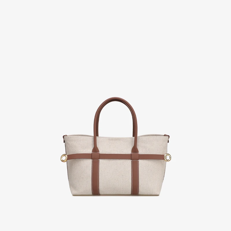 CaitinKaie轻奢----头层牛皮拼亚麻女手提包1675通勤托特包购物袋