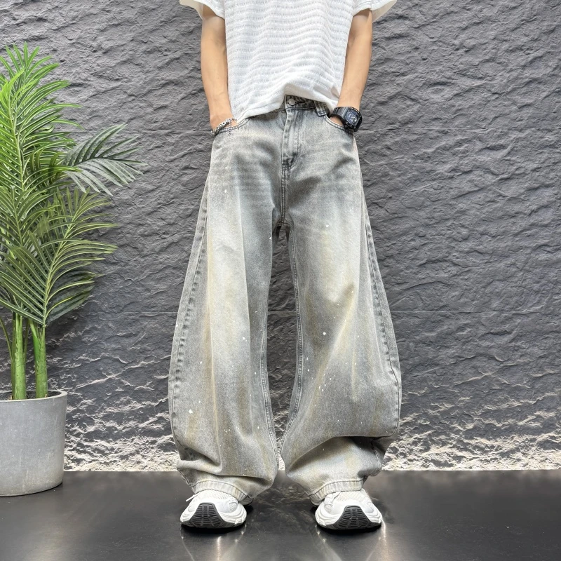 弯刀泼墨垂感拖地纯色牛仔长裤子男款百搭潮流男款阔腿弯刀牛仔裤