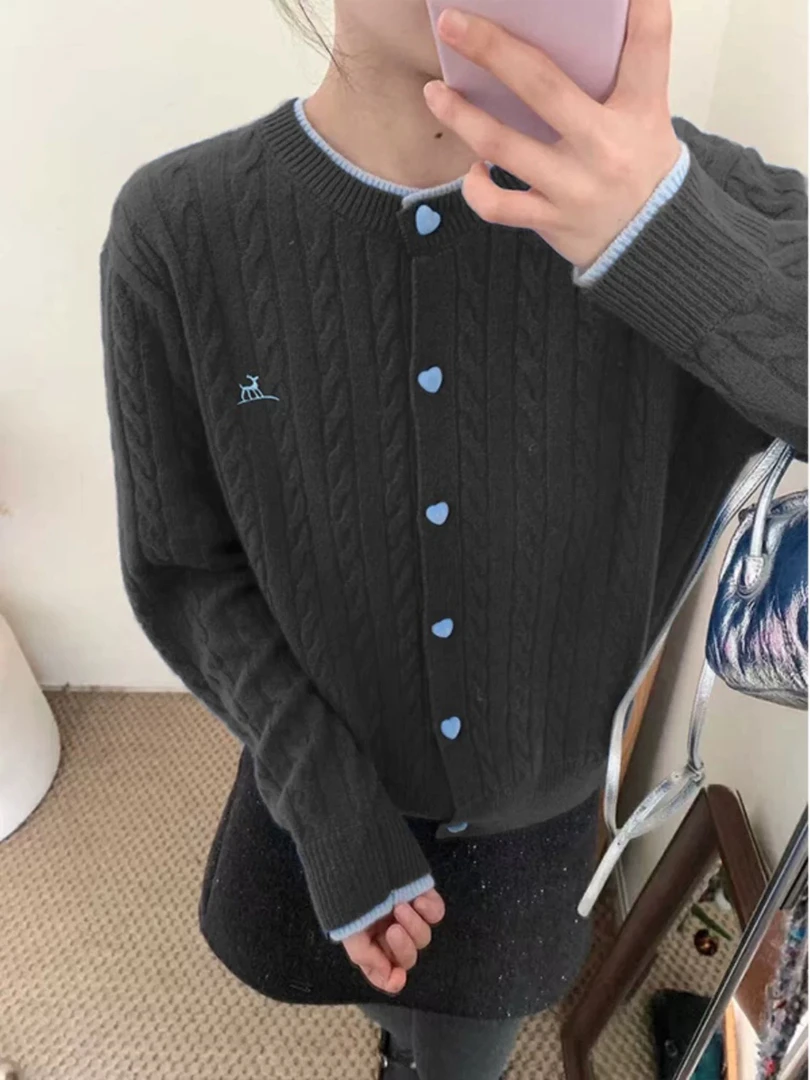 韩系圆领拼色麻花毛衣开衫女2025新款针织外套春季穿搭上衣