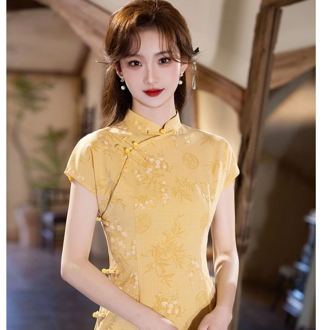 2025中长旗袍 满天星日常短袖复古旗袍新中式风提花显瘦中式