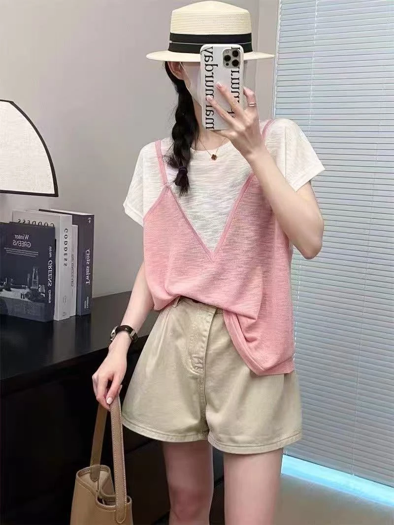 夏季韩系小众通勤百搭软糯慵懒假两件设计针织短袖H5797