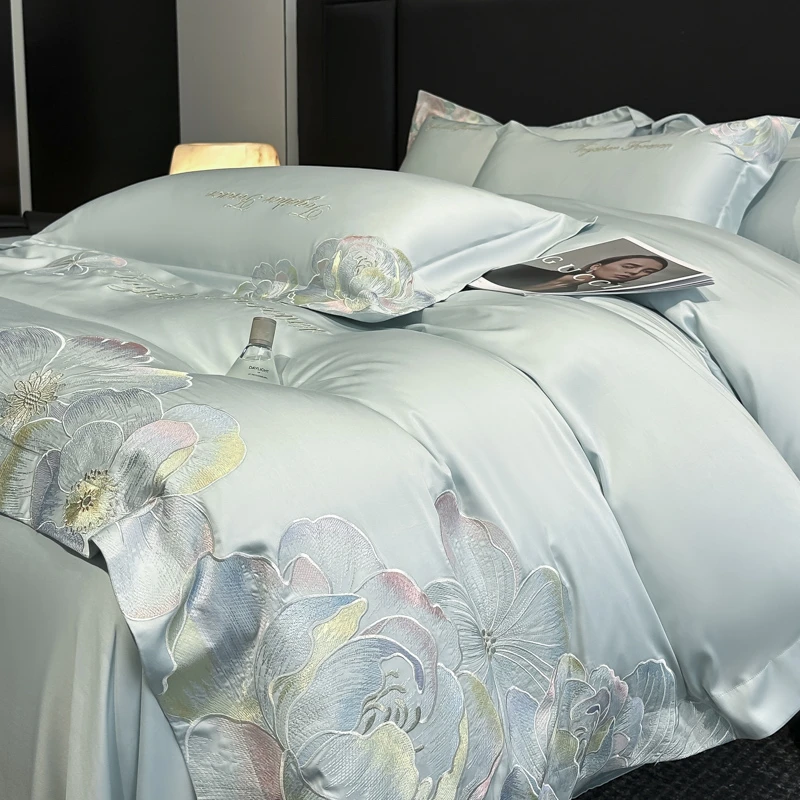 富安娜四季款纯棉刺绣四件套高级感轻奢全棉被套1.8床笠床上用品4