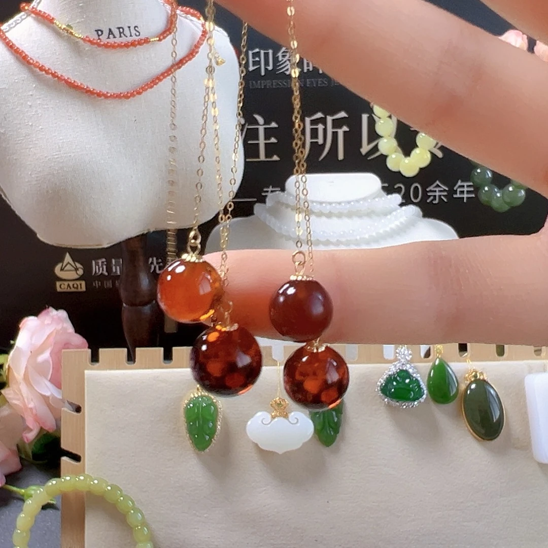 琥珀18K金镶嵌耳饰血珀sj