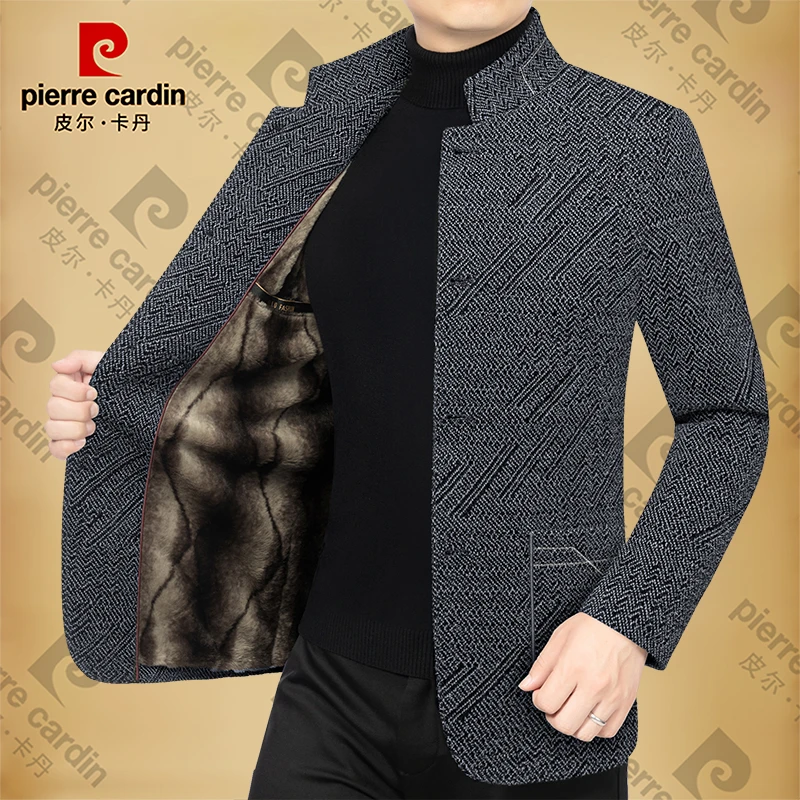 皮尔卡丹秋冬加绒加厚保暖雪尼尔毛呢大衣中年爸爸男装外套上衣潮