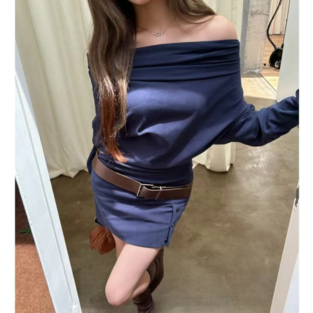 法式蓝色一字肩针织连衣裙子女2025新款早秋季氛围感气质包臀短裙