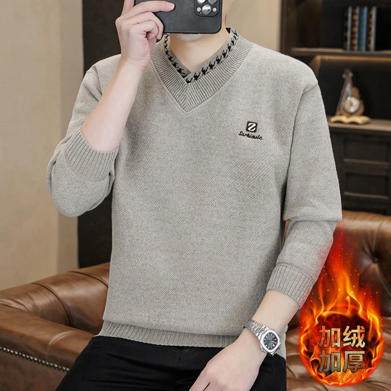 高档V领针织衫毛衣男士秋冬季加绒加厚时尚保暖打底衫男装25170