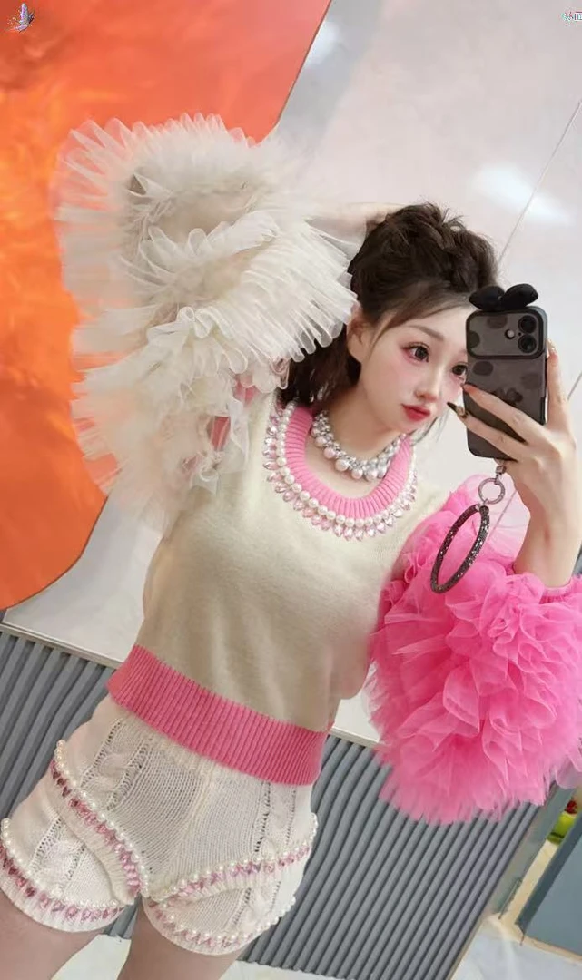 0243【熙妮潮牌】泰潮时尚风针织厚款潮牌连衣裙显瘦女装镶钻套装