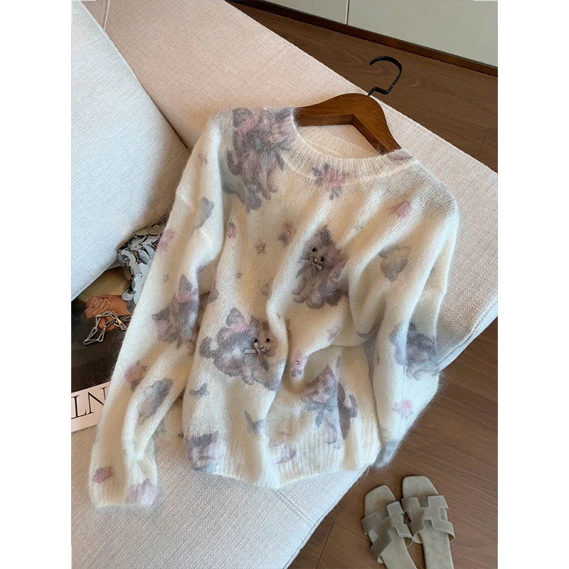 卡通猫咪印花马海毛套头毛衣女秋冬新款慵懒风软糯宽松甜美针织衫