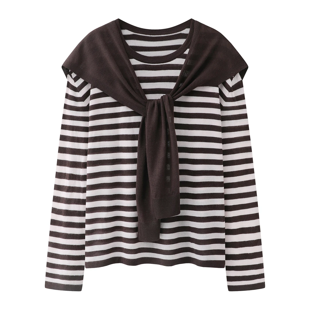 迪家新款圆领毛针织衫女装松弛感针织盖袖衫女针织时尚条纹7199