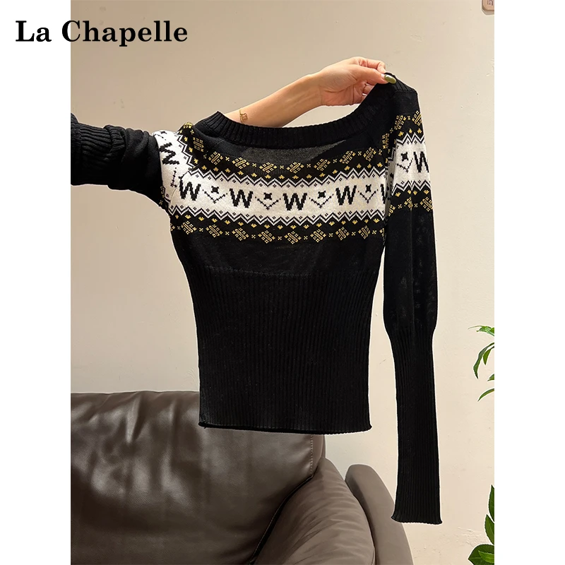 拉夏贝尔韩系辣妹一字肩长袖针织打底T恤女秋季新款撞色露肩上衣