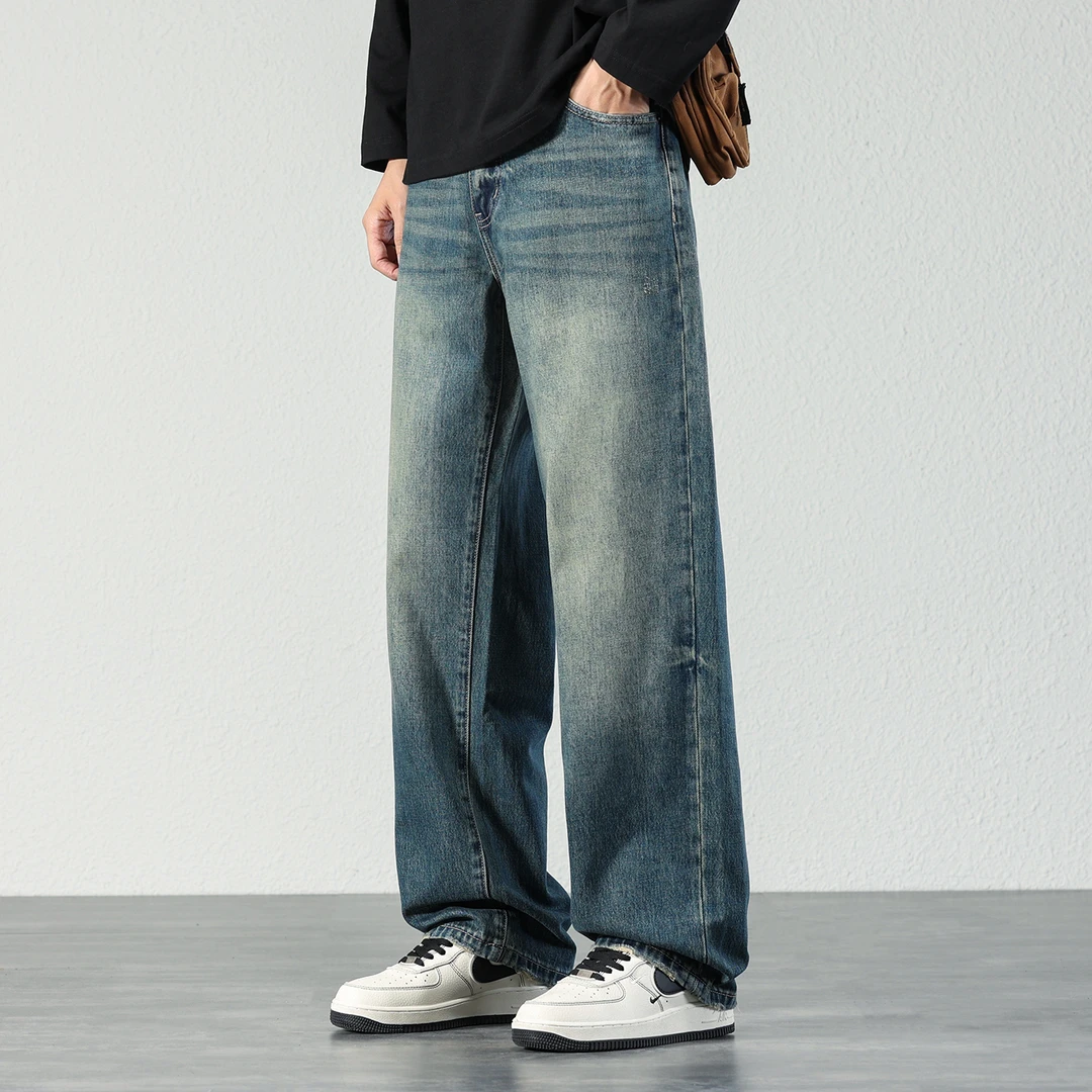 宽松复古水洗牛仔裤男士2025秋冬时髦通勤长裤休闲直筒阔腿裤子潮