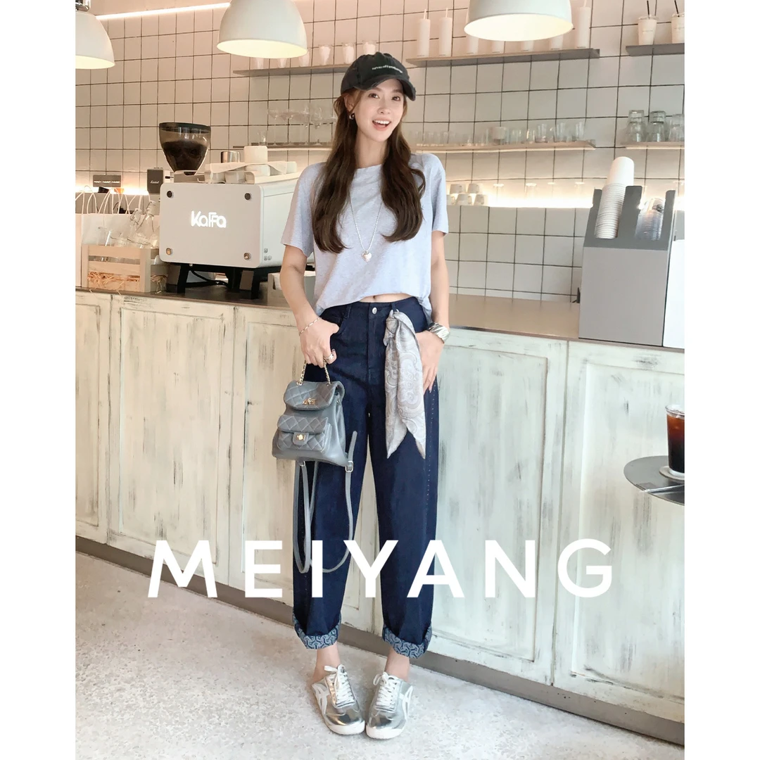 美洋MEIYANG 翻花牛仔裤 明线装饰印花九分裤【大60】-周二