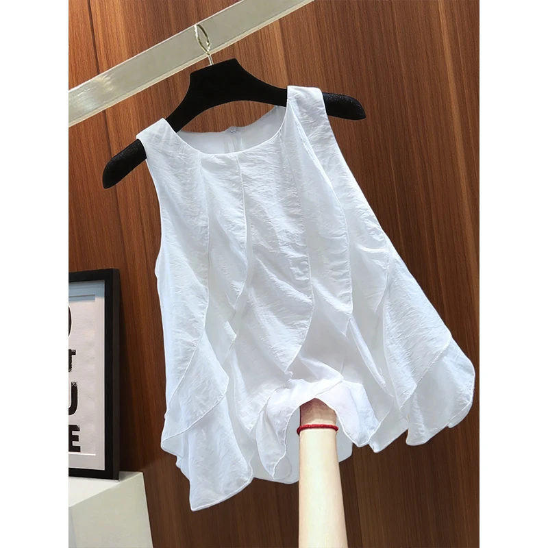 韩版荷叶边拼接圆领套头衬衫夏季2025新款宽松显瘦白色休闲背心女