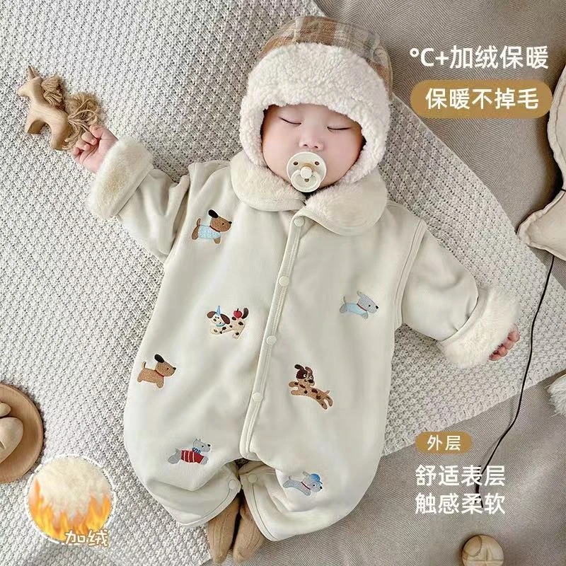 【皮毛一体麂匹绒】韩版婴幼连体衣男女宝加绒加厚外套哈衣爬服外出