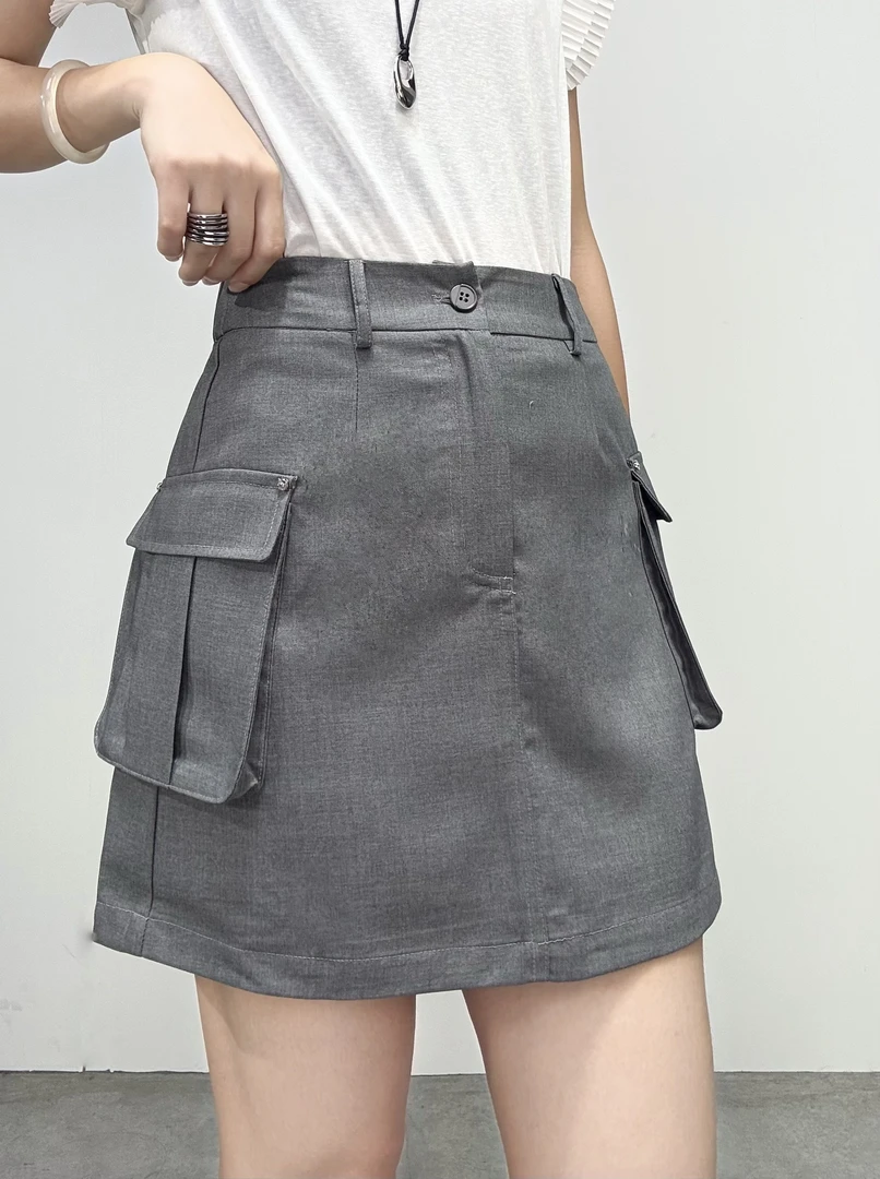 5299#韩系工装风灰色裙子2025夏季新款高腰显瘦气质A字短裙