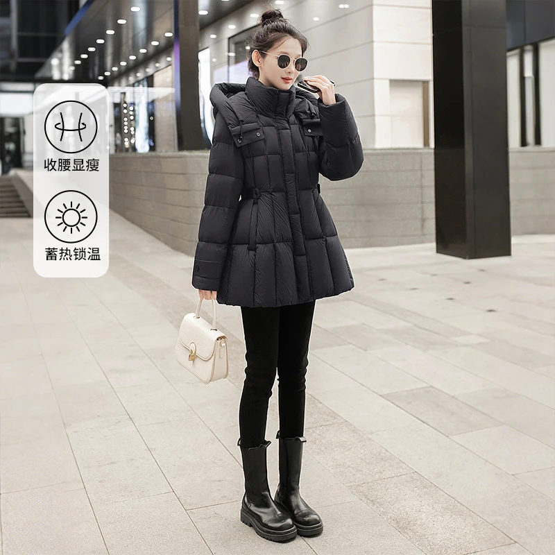 丝柏舍冬装90绒羽绒服女装长袖中长款收腰简约连帽S54B2394Y
