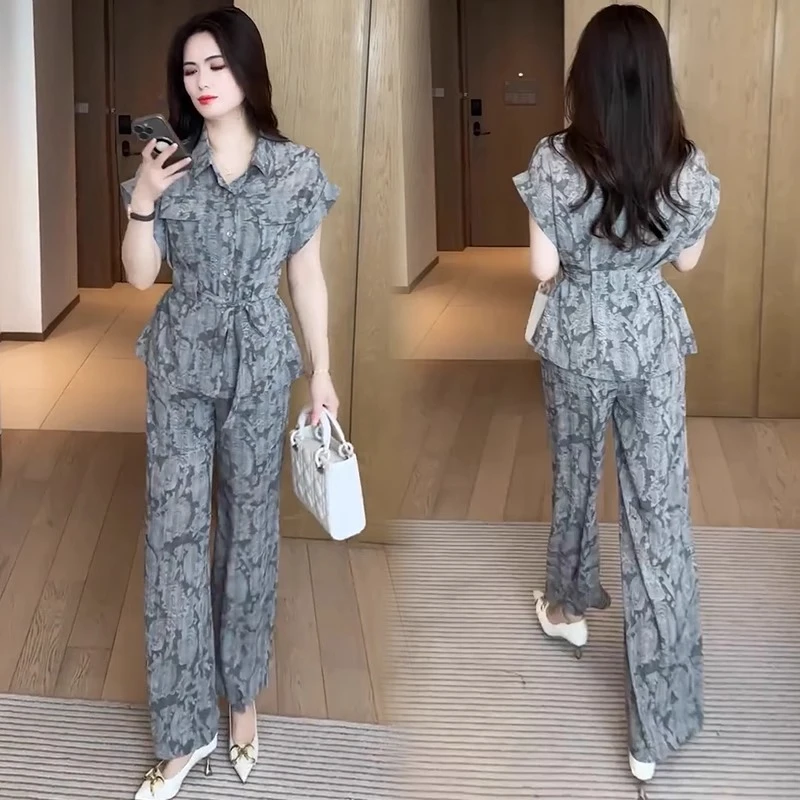 时尚套装女2025夏季新款一整套穿搭显瘦收腰短袖上衣阔腿裤两件套