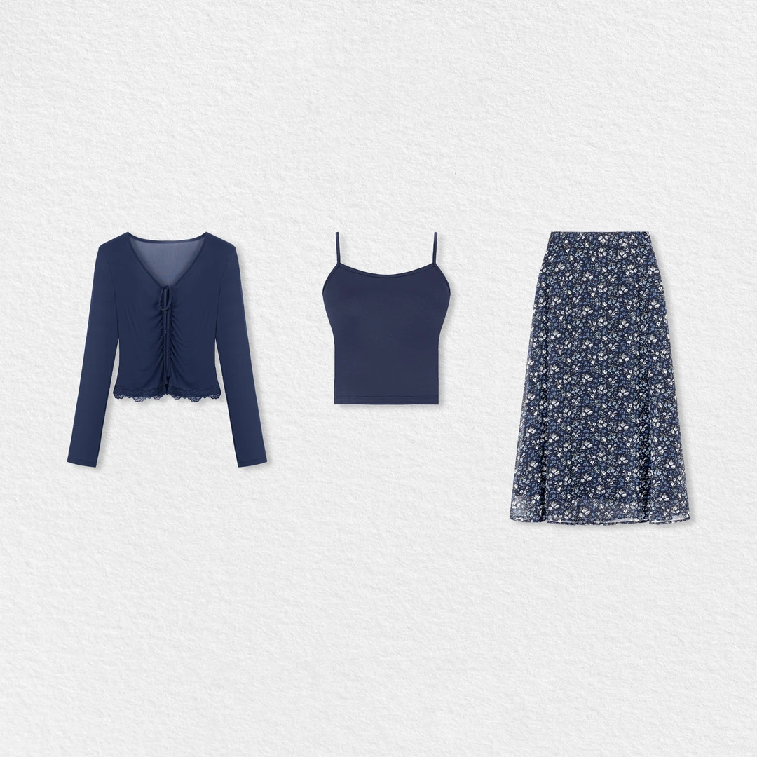 【云烟静影】小众夏款透气针织网纱V领时尚百搭套装