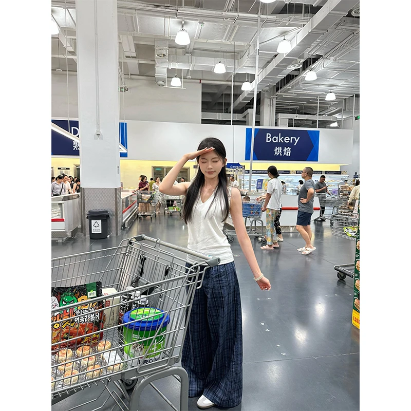 韩系ins衣服夏季纯欲挂脖百搭背心吊带上衣女高腰宽松格子阔腿裤