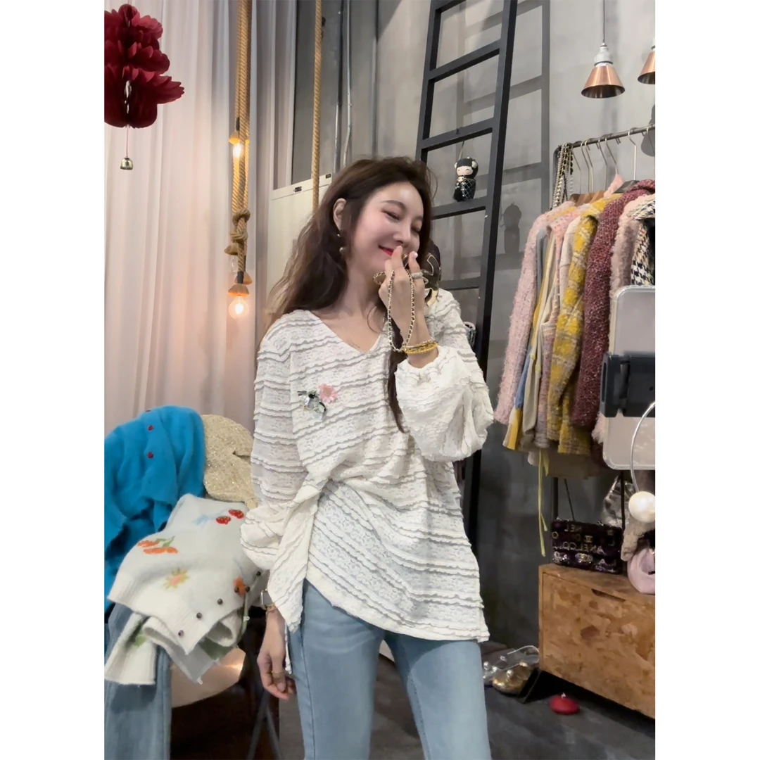 S50204875素拉那里 定制款韩系慵懒蕾丝立体花边微透小众衬衫上衣