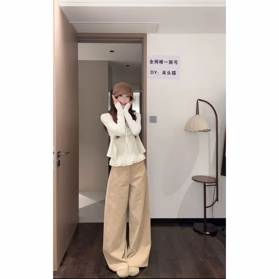 2025法式早秋小众卡其色设计感垂感裤子时尚简约百搭