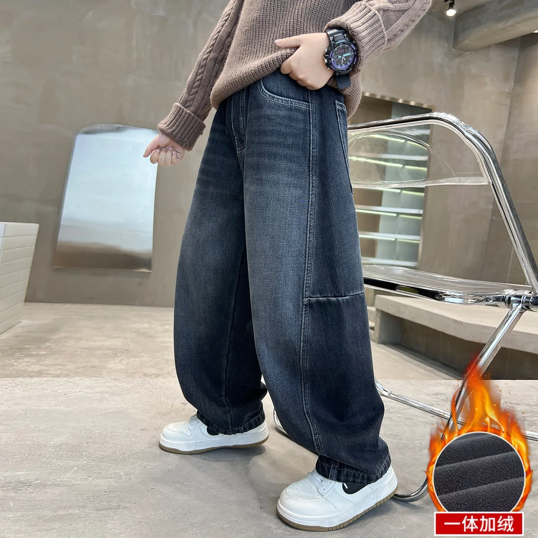 2025男童加绒牛仔裤冬季新款中大童加厚一体绒时髦舒适保暖休闲裤