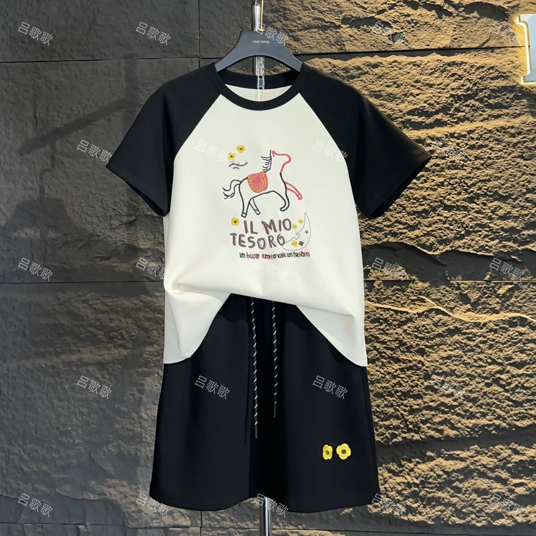 【宠粉价】刺绣小马撞色拼接时尚搭配短袖两件套连衣裙裤JC-A3773