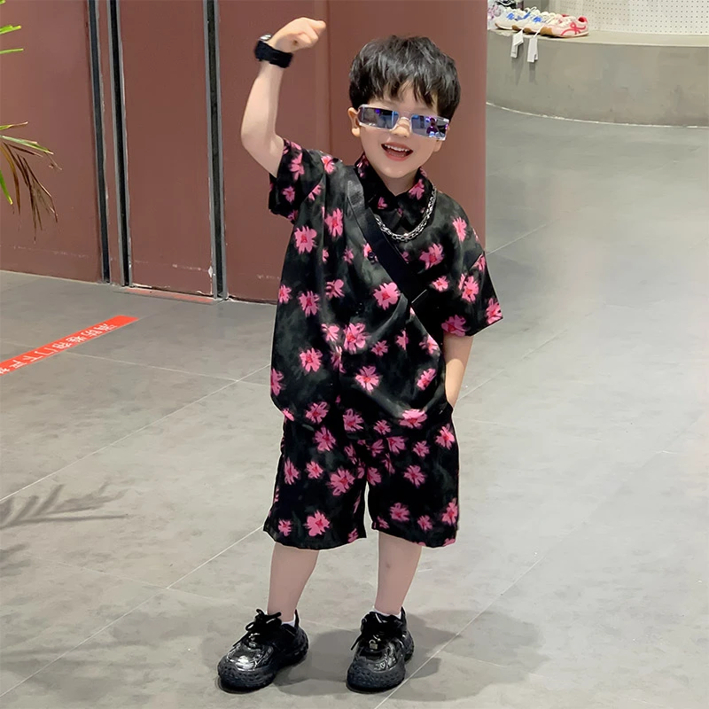 男童夏装衬衫套装2025新款痞帅儿童碎花衬衣夏季男孩潮酷短袖衣服