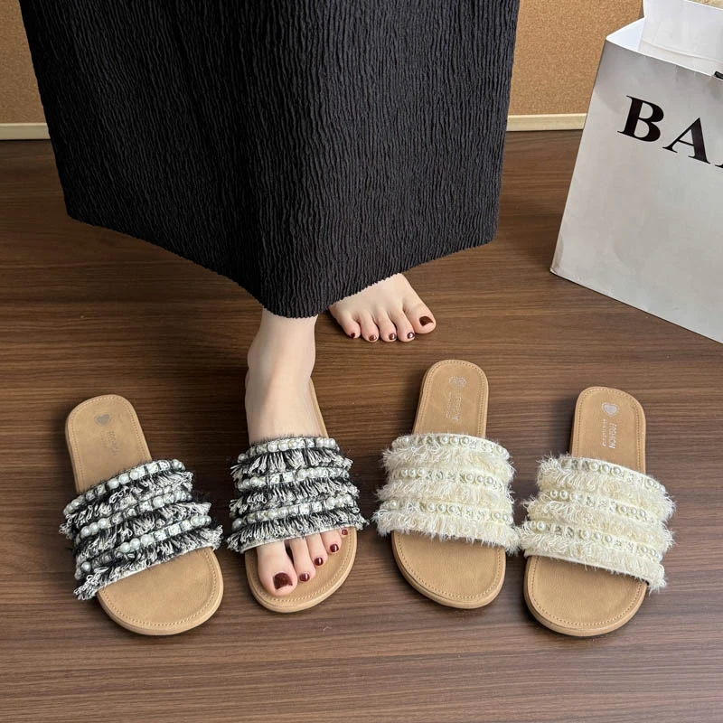 韩版珍珠法式凉拖鞋女夏外穿2025新款平底防滑配裙子温柔一字拖