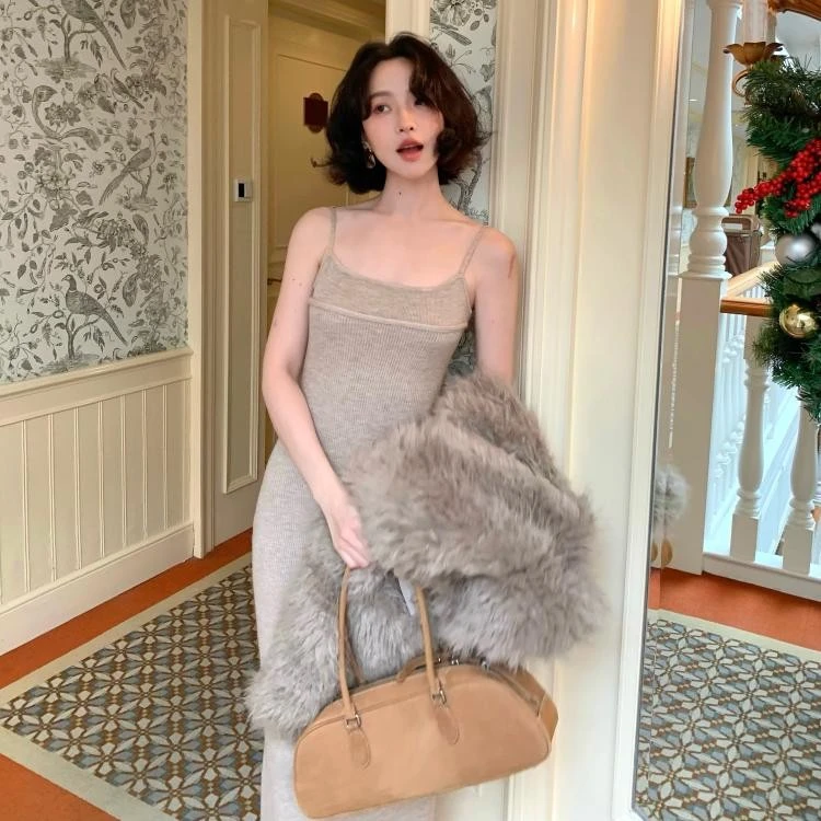 酒午自制复古港风【晚禾记】内搭长款针织吊带连衣裙女