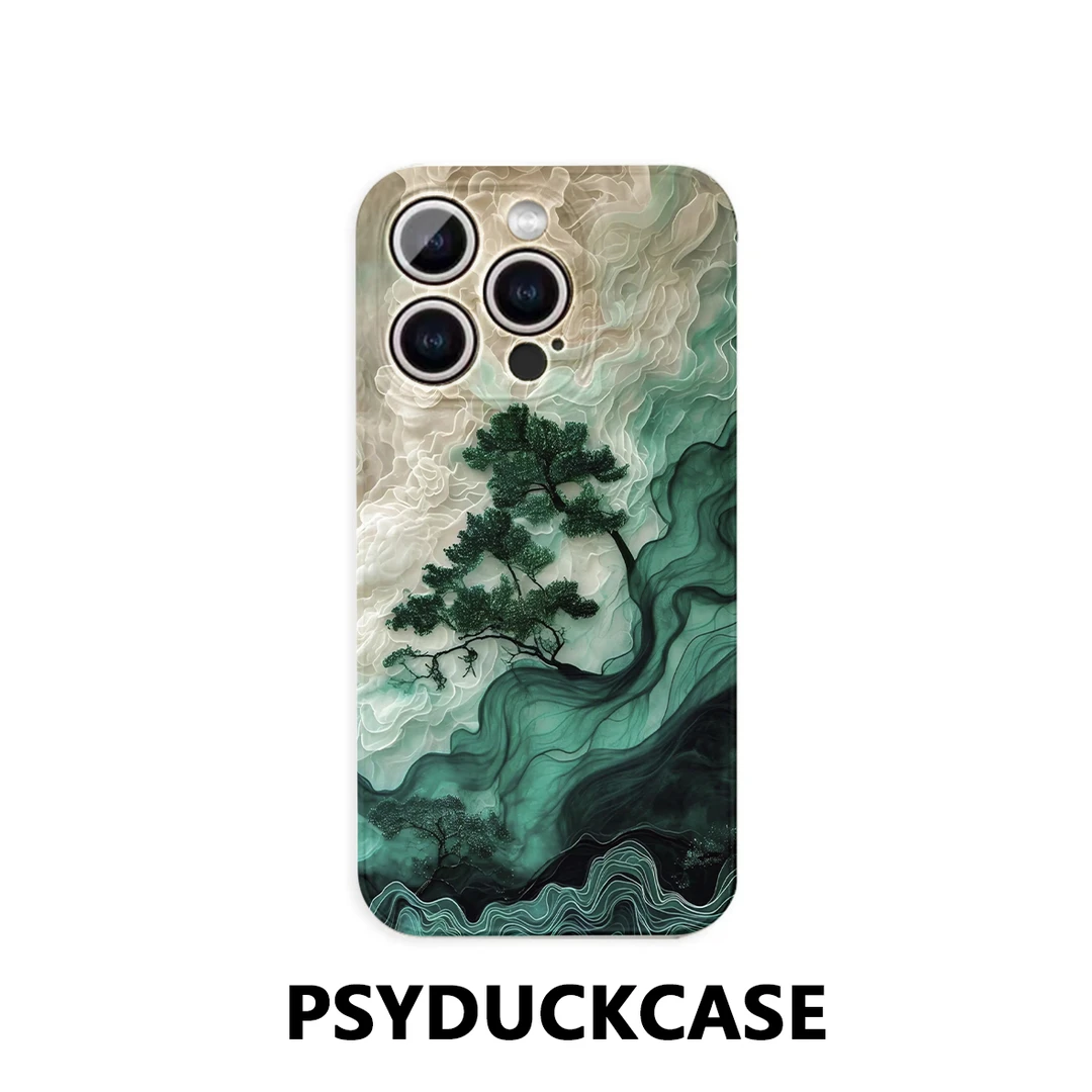 适用苹果华为小米荣耀一加中式云雾青松精孔菲林创意防摔手机壳