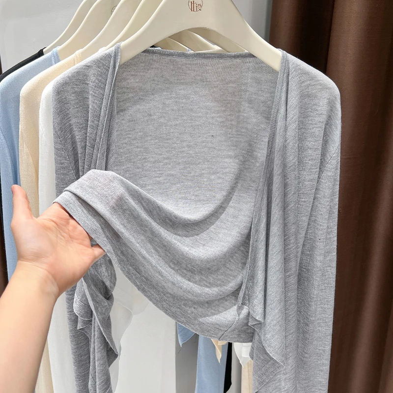 灰色夏季外穿气质薄款长袖防晒针织开衫外套配裙子外搭修身罩衫女