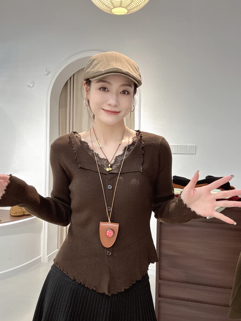 长袖法式半开领蕾丝拼接针织毛衫网红百搭花边小个子打底衫毛衣