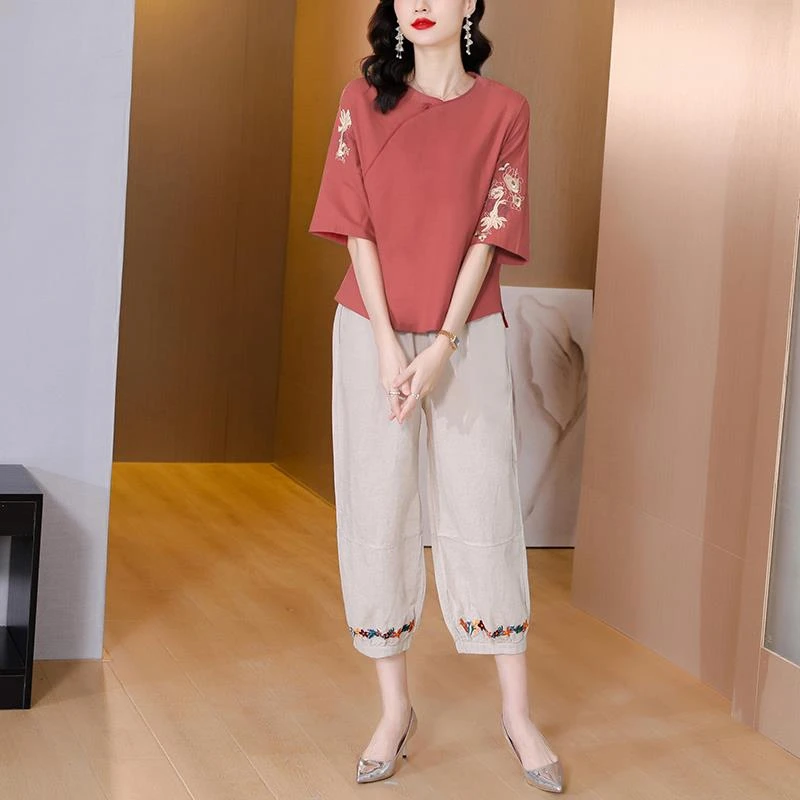 妈妈棉麻中国风套装女士2025夏装新款大码时尚洋气高端亚麻两件套